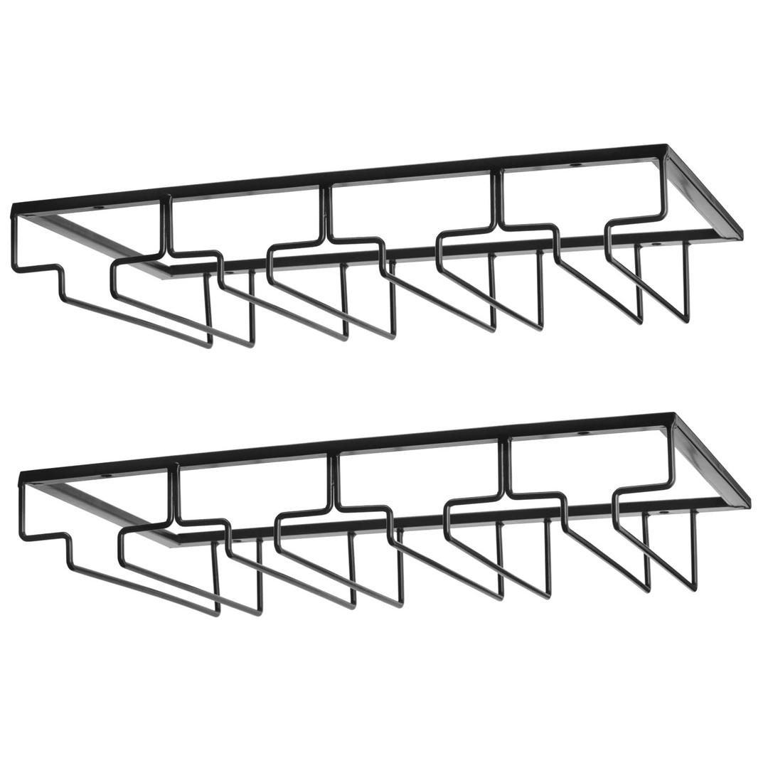 FOMANSH Wine Glass Rack - Under Cabinet Stemware Wine Glass Holder Glasses Storage Hanger 2 Pack Metal Organizer for Bar Kitchen 4 Rows Black