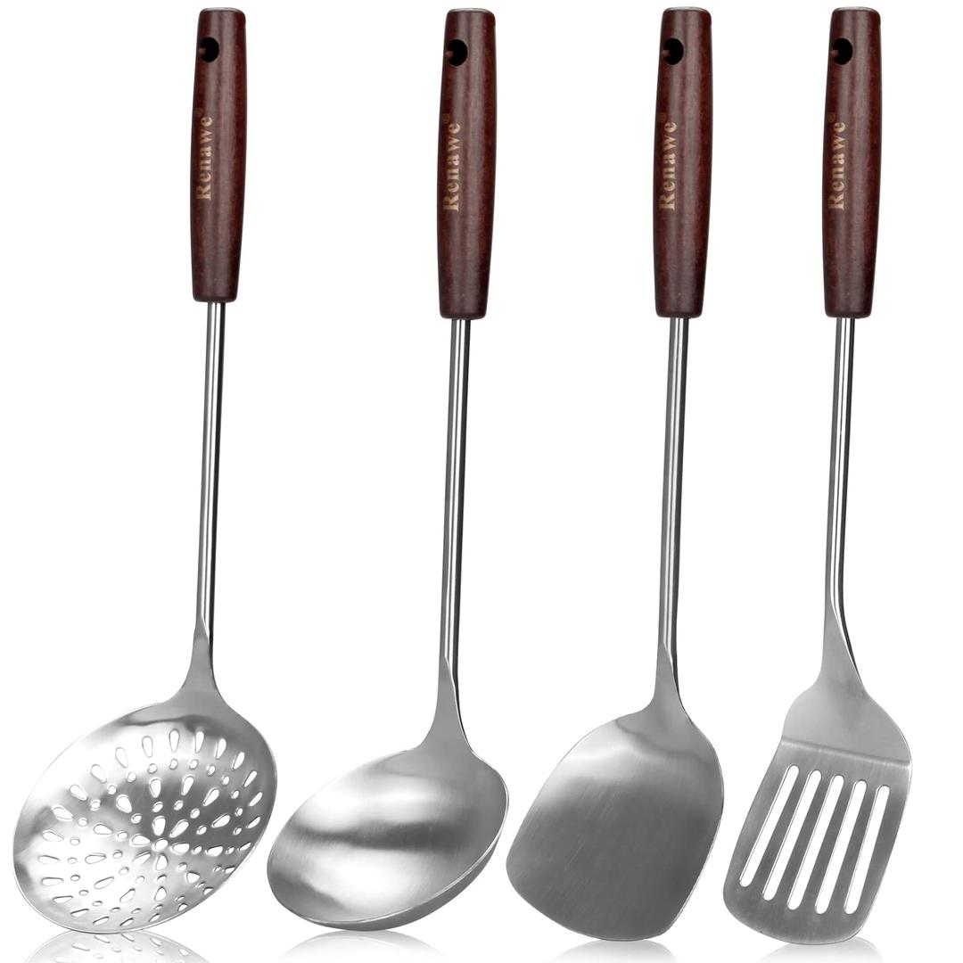 15 inch Large Spatula Slotted Turner Soup Ladle 304 Stainless Steel Wok Spatula Set Slotted Spoon for Cooking Utensils Set Long Wooden Handle Ladles Kitchen Metal Spatula Cooking Spoons