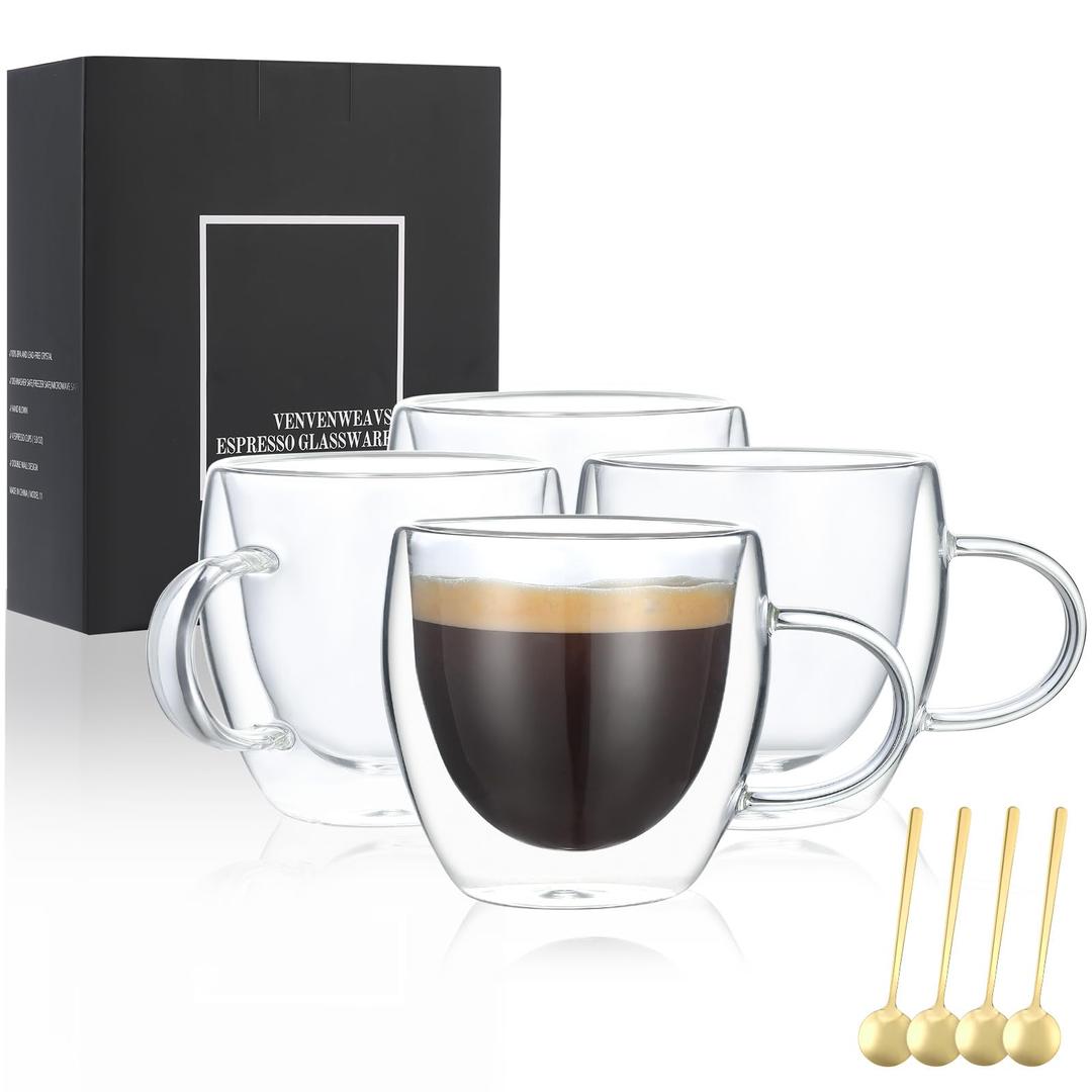 Espresso Cups Set Of 4,Double Wall 5OZ Hand Blown Espresso Shots Glass,Espresso Coffee Mugs In Gift Box,Perfect For Espresso,Latte,Cappuccinos,Tea Bag,Juice