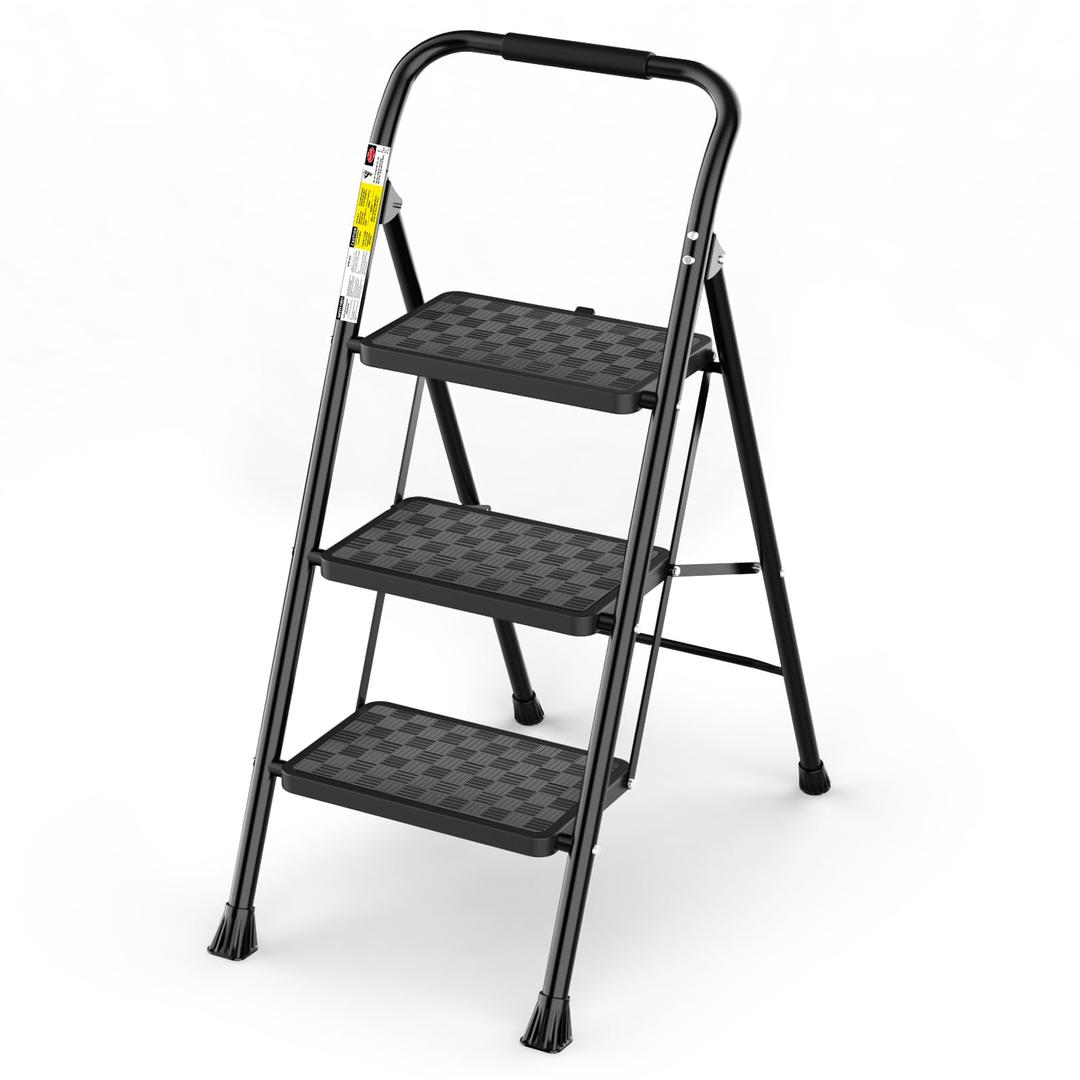 HBTower 3 Step Ladder, 3 Step Stool for Adults, 3 Step Ladder Folding Step Stool with Cushioned Handle Step Ladder with Wide Anti-Slip Pedal Ergonomic Design,Black