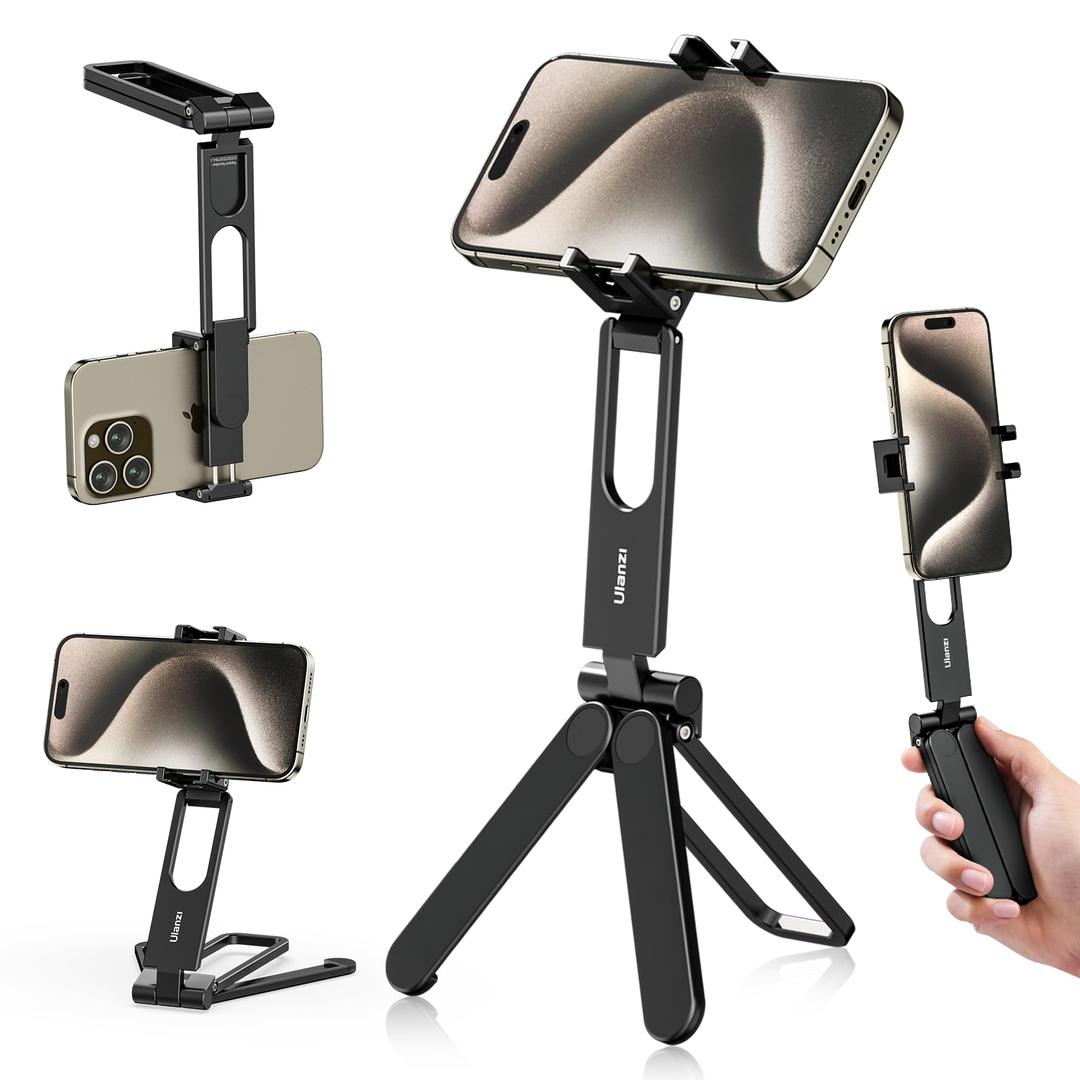 ULANZI MA26 Foldable Phone Tripod - Pocket Cell Phone Vlog Video Tripod Handle Aluminium Smartphone Desk Stand 2 Cold Shoe Small Size All in One Lightweight Portable Vlog Stick for iPhone Samsung