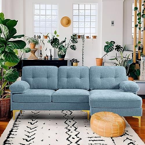 82" Modern Couch w/Chaise, L Shaped Sofa Reversible, Chenille Small Sectional Sofa, Couch with Removable and Washable Cushions (Light Blue)