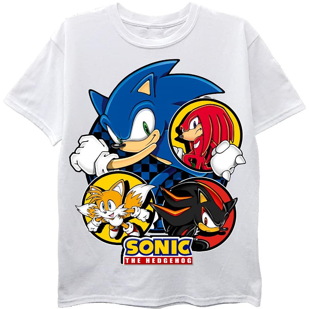 SEGA Boys Sonic The Hedgehog Shirt - Featuring Sonic, Tails, and Knuckles - The Hedgehog Trio - Official T-Shirt (White, XX-Small)