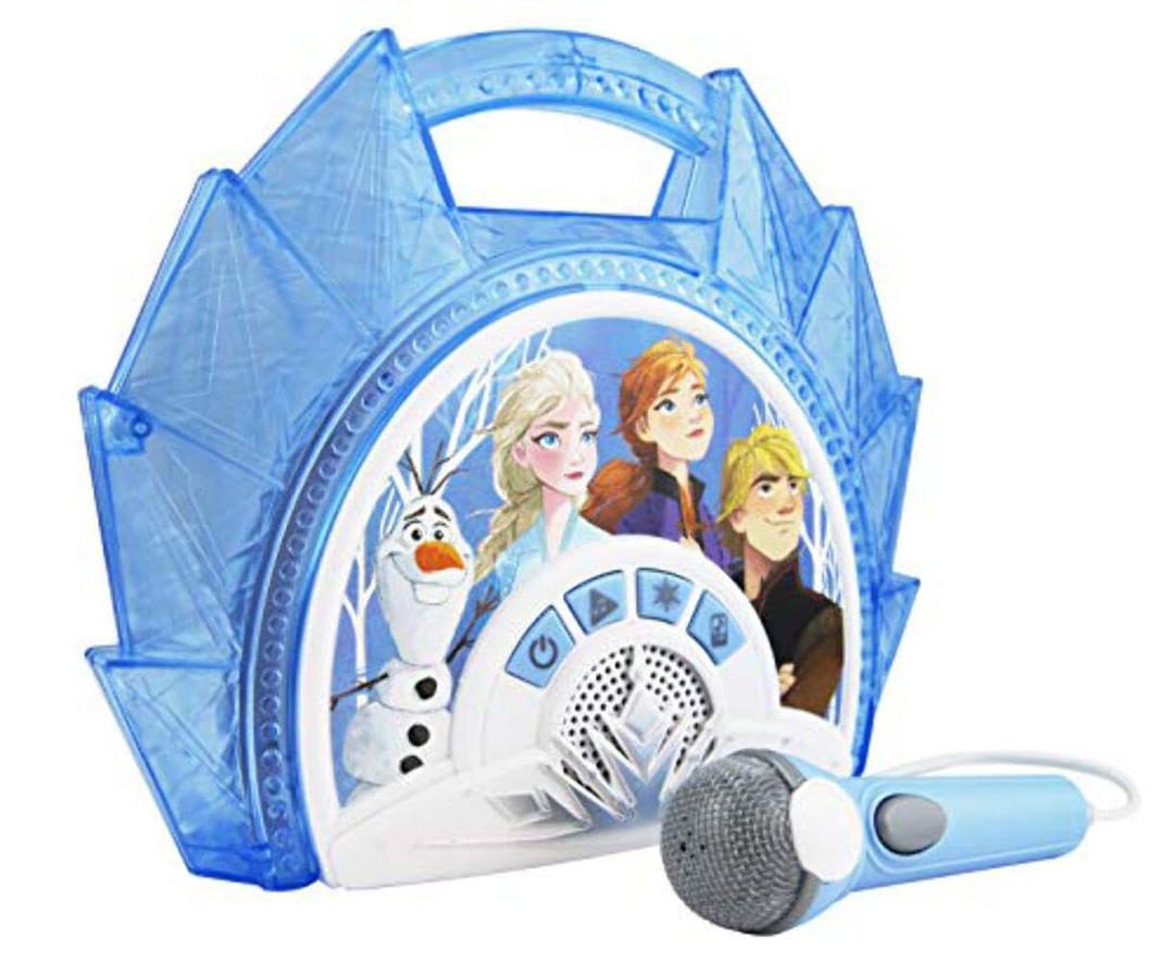 Frozen 2 Sing Along Boombox with Microphone, Built in Music, Flashing Lights, Real Working Mic for Kids Karaoke Machine, Connects Mp3 Player Aux in Audio Device