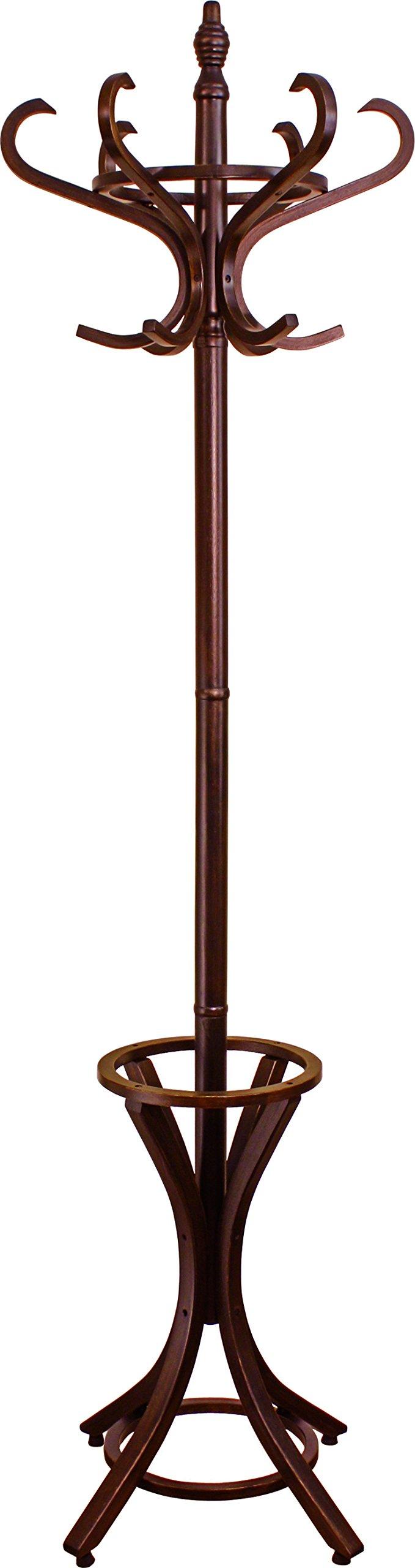 8000E Floor Standing Hat and Coat Rack with Umbrella Stand, Wood with Dark Brown Paint Finish