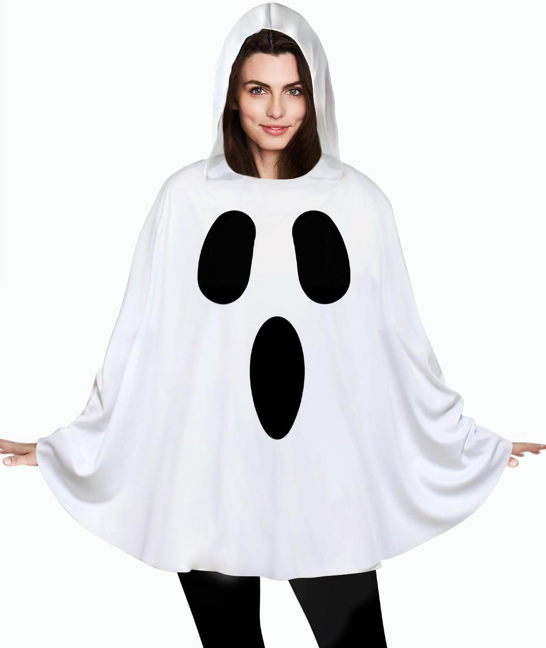 OskinerGhost Costume for Adults,White Ghost Poncho Hooded Cape,Spooky Halloween Costume for Women