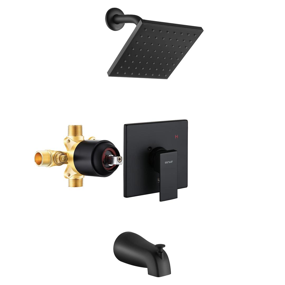 Esnbia Tub Shower Faucet Set (Valve Included) with 6-Inch Rain Shower Head and Tub Spout, Black Shower Head and Handle Set，Single-Handle Tub and Shower Trim Kit, Matte Black