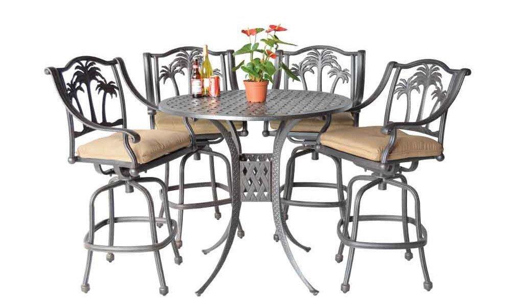 Palm Tree Cast Aluminum Powder Coated 5pc Bar Set with 48" Round Table - Antique Bronze