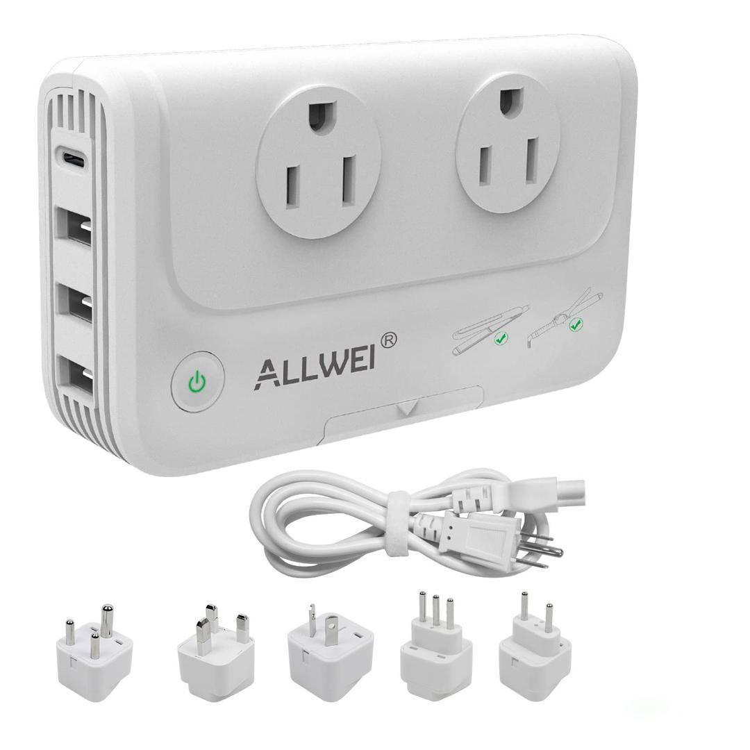 ALLWEI International Travel Adapter 220V to 110V Power Voltage Converter for Hair Straightener/Curling Iron, Universal Power Plug Adapter UK, US, AU, EU, IT, India (White)