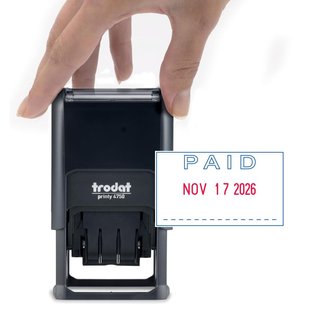 Trodat Printy 4750 Date Stamp with English Message PAID – Self Inking, Red Ink Date and Blue Ink Text