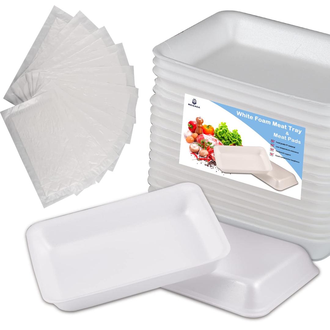 White Foam Meat Tray (25pcs/Pack - 8.3" x 5.9" x 1.2") with White Meat Absorbent Pad, Disposable Standard Supermarket Food Tray