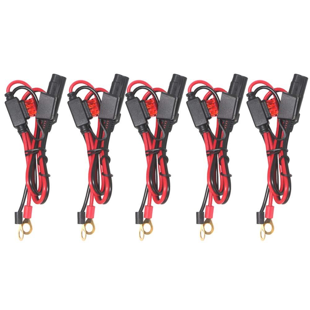 [5 PACK] 2FT Motorcycle Battery Charger Cord, Sae to O Ring Terminal Quick Disconnect Assembly Extension Cable, Sae 2Pin Wire Harness Reverse Polarity Adapter Port Accessory, 10A Fuse (5PACK-2FT)