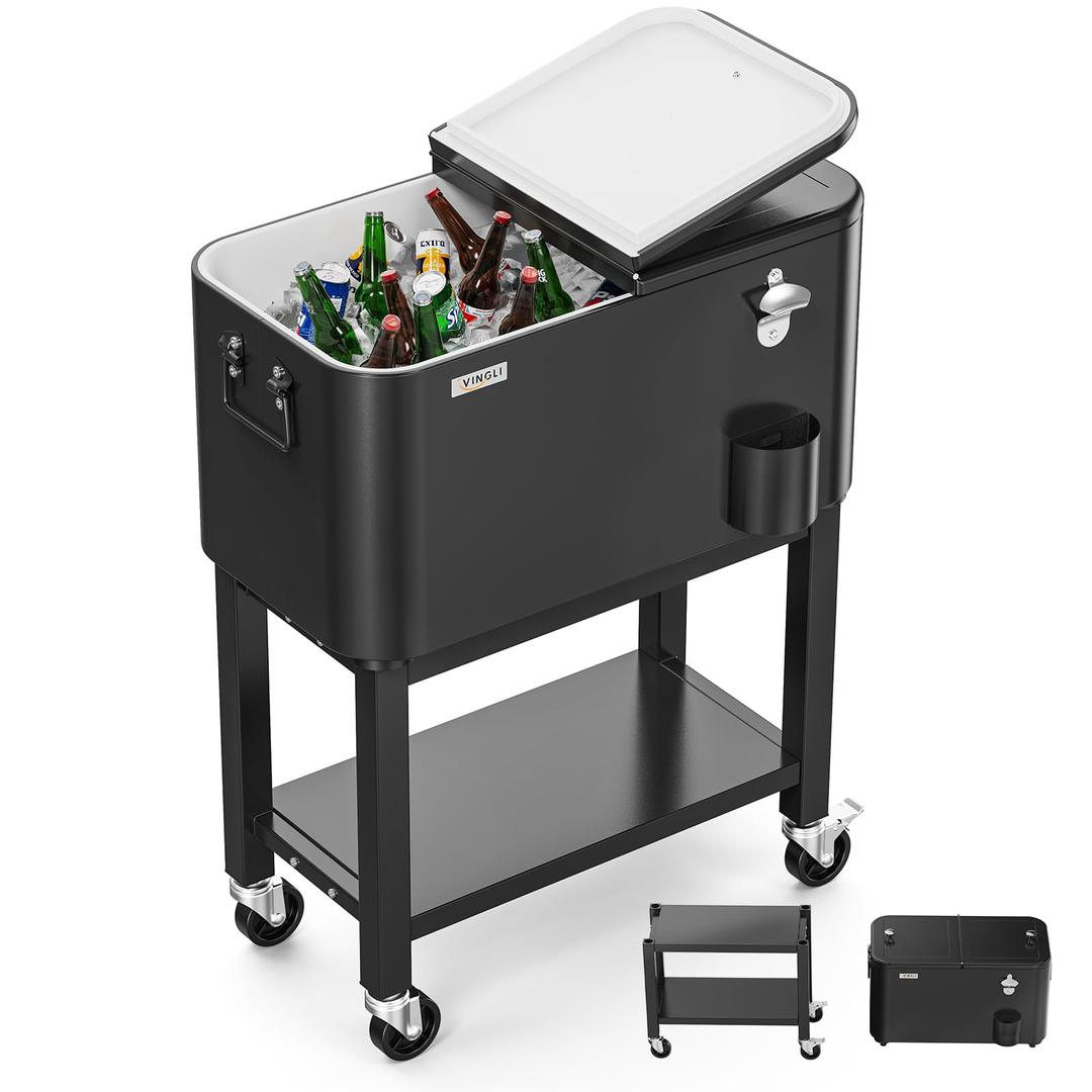 VINGLI Patio Cooler, Rolling Ice Chest on Wheels, Portable Patio Party Bar Drink Cooler Cart, with Shelf, Beverage Pool with Bottle Opener,Water Pipe