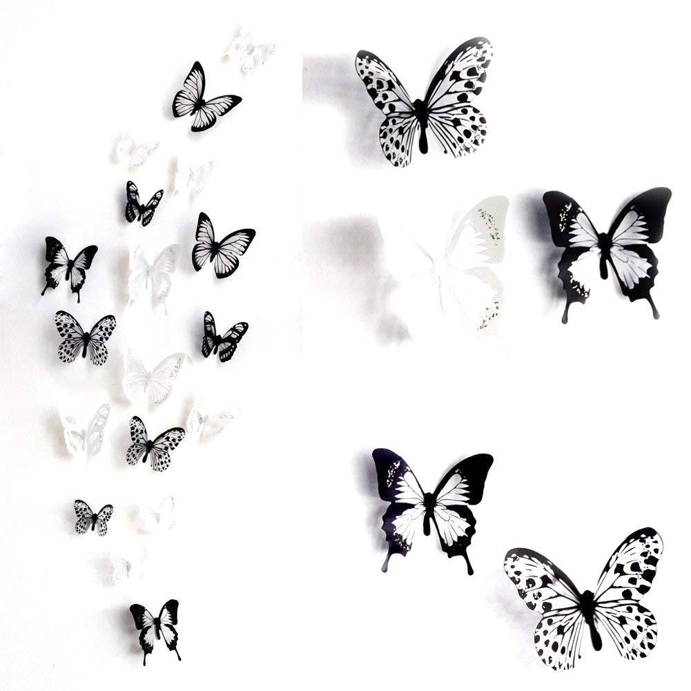 ElecMotive36 PCS 3D Colorful Crystal Butterfly Wall Stickers with Adhesive Art Decal Satin Paper Butterflies Home DIY Decor Removable Sticker (Black-White)