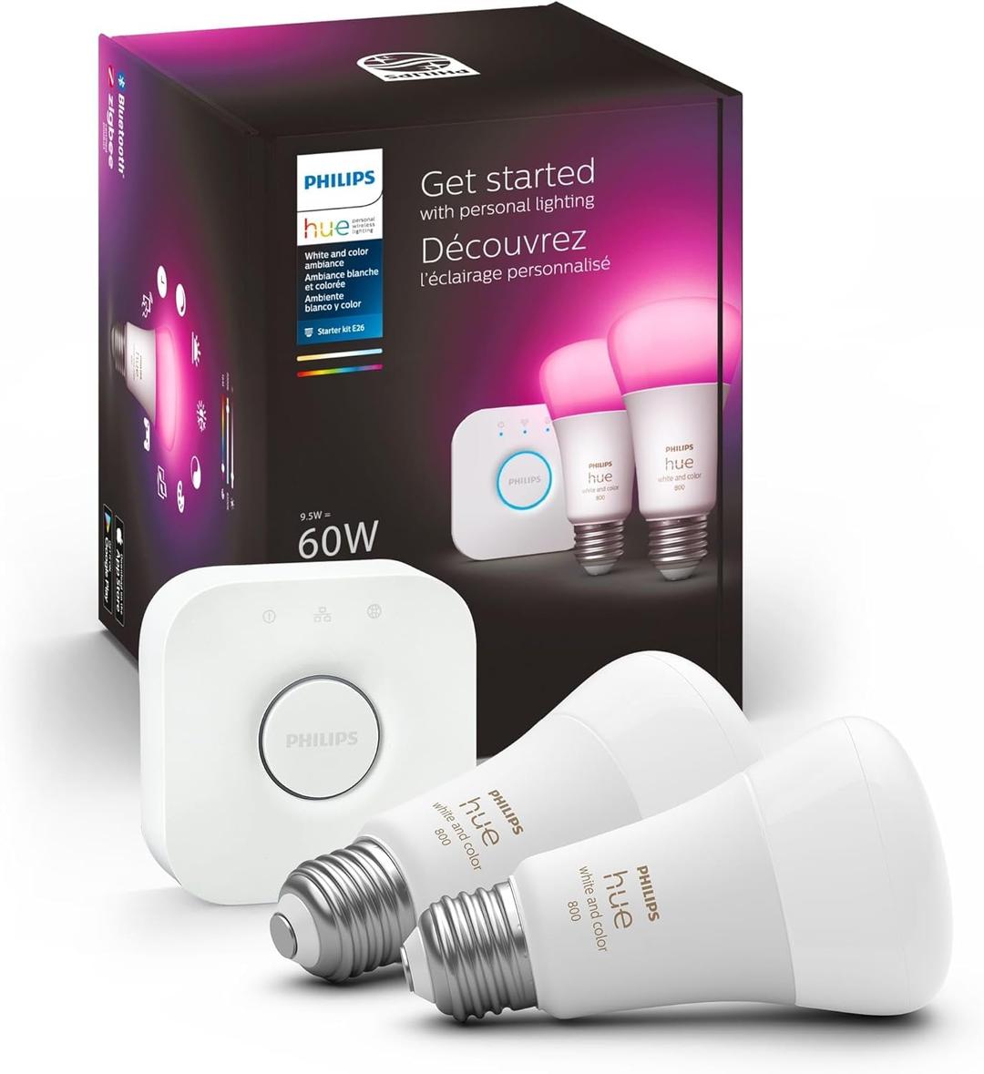 Philips Hue Smart Light Starter Kit - Includes (1) Bridge and (2) 60W A19 LED Bulb, White and Color Ambiance Color-Changing Light, 800LM, E26 - Control with App or Voice Assistant