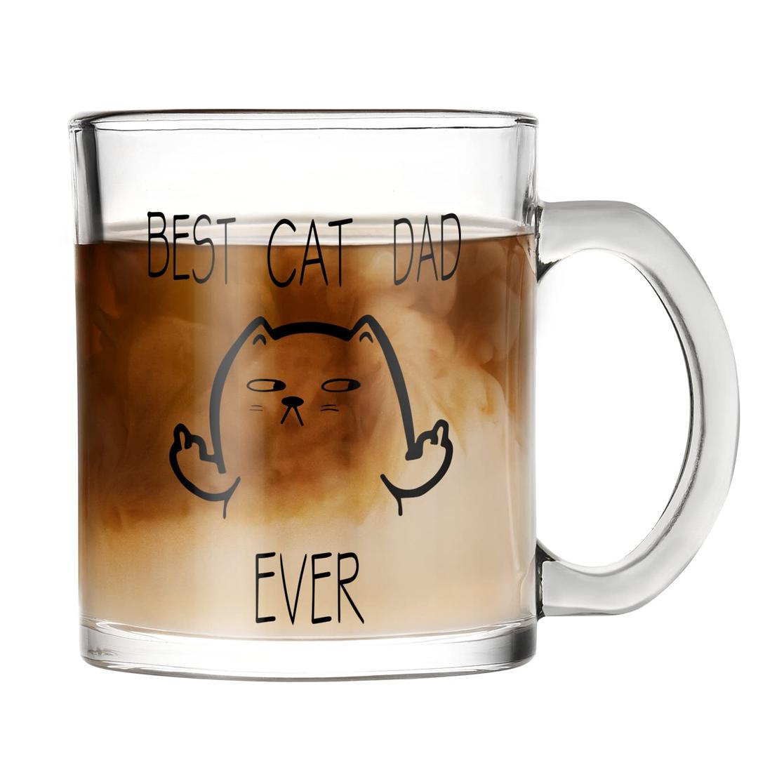 Waipfaru Cat Dad Gifts - Best Cat Dad Ever Glass Coffee Mug - Gifts for Dad, Cat Lover - Father’s Day Gifts for Dad - Cat Lover Gifts for Men, 11OzClear Coffee Mugs with Handle