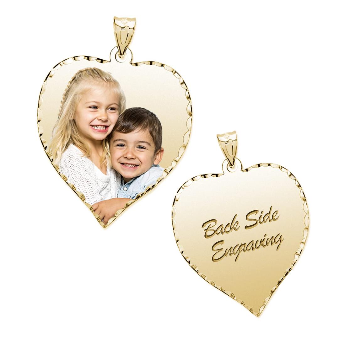 PicturesOnGold.comPersonalized Photo Engraved Heart Shaped Picture Necklace with Diamond Cut Edge in Silver, Gold, White Gold or Rose Gold - 1 Inch x 1 Inch