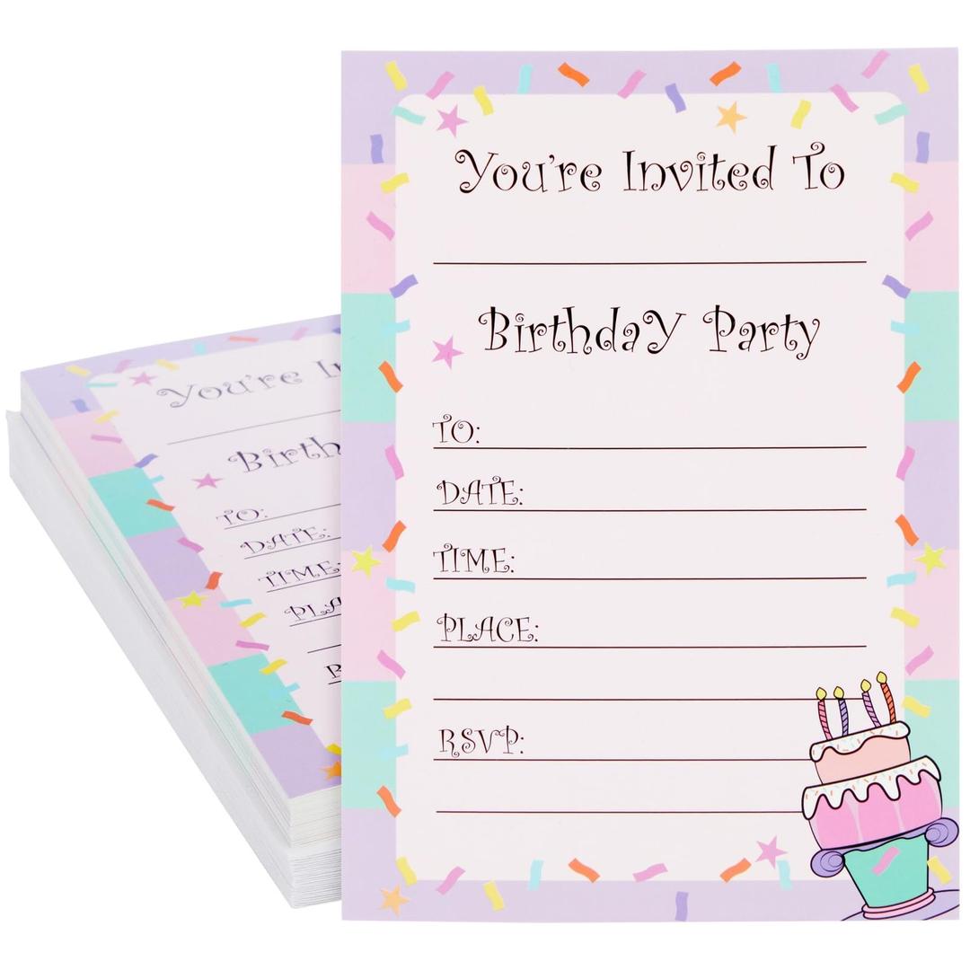 Juvale24 Pack Birthday Invitations for Girls, Fill-In Invite Cards with Envelopes, Confetti Design (5x7 in)