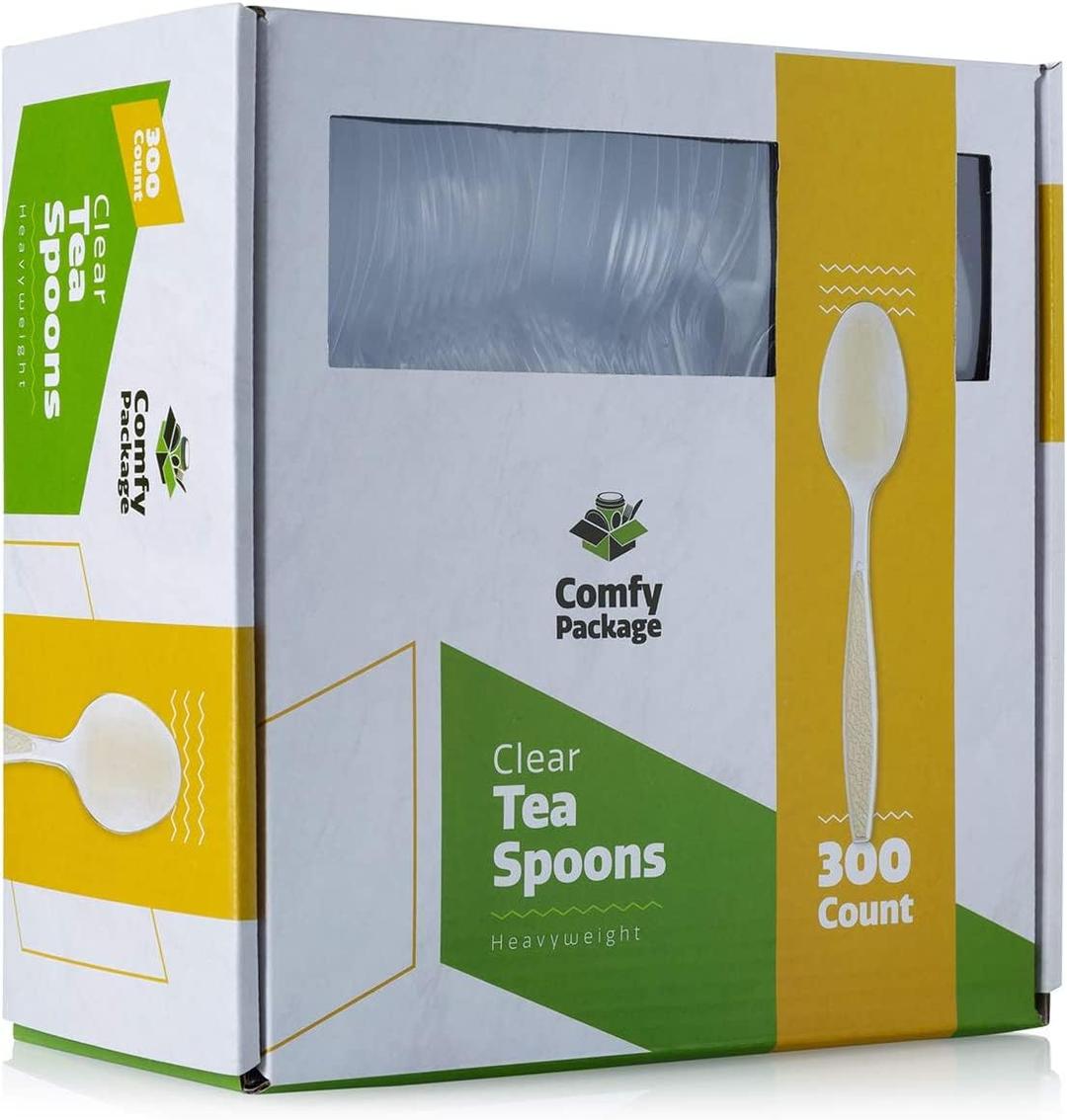 Comfy Package [300 Pack] Heavyweight Clear Plastic Tea Spoons with Engraved Design - Disposable Sturdy Plastic Utensils for Parties, Weddings, and Events