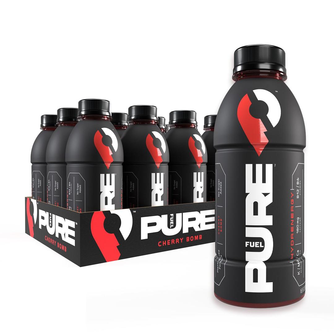 Pure Fuel Energy Drink Cherry Bomb Flavor- Plant Based, Electrolytes, B-Vitamins, No Added Sugar - Healthy Energy Drinks - 180mg Natural Caffeine & Turmeric - 12 pack x 16.9 fl oz Bottles