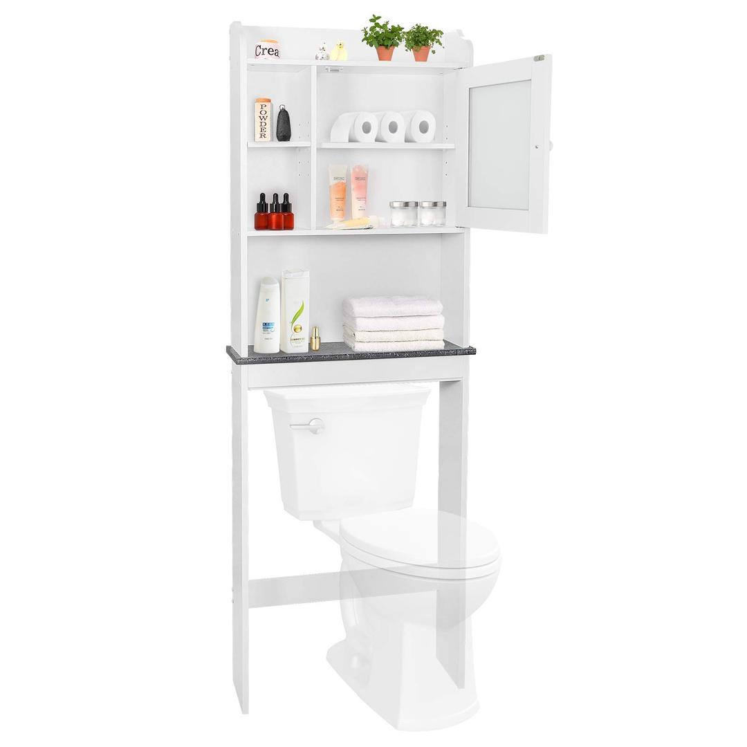 ZenStyle Over The Toilet Cabinet Double Door Wood Bathroom Storage Organizer with Adjustable Shelves, Cubby and Tempered Glass Door (White)