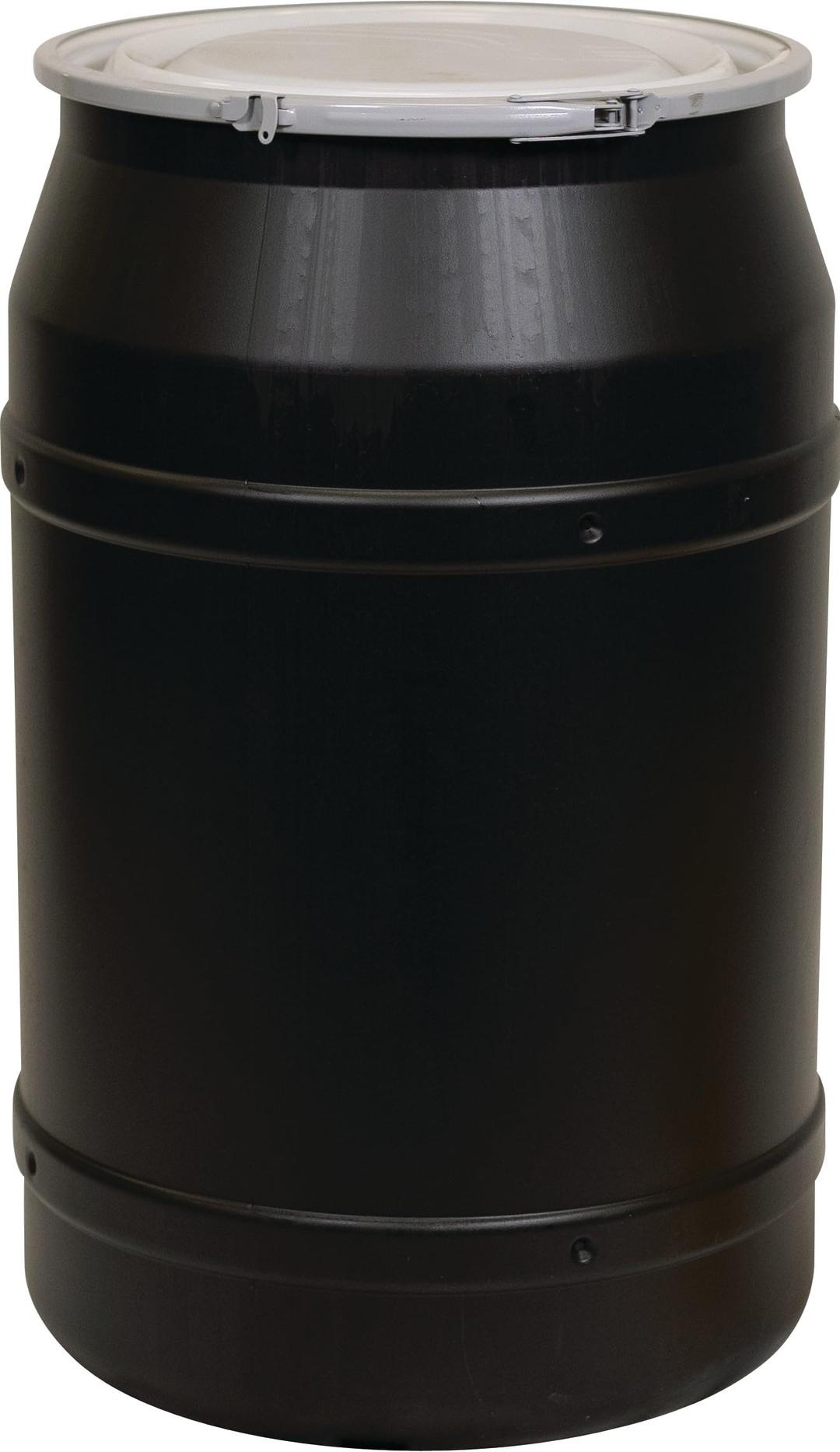 Eagle 55 Gallon Plastic Drum with Lid, Metal Lever-Lock, 36.4"x22.5", Open Head Lab Pack Drum Made of Durable, Lightweight HDPE, Withstands Weather and Chemicals, Made in USA, Black, 1656MBLK