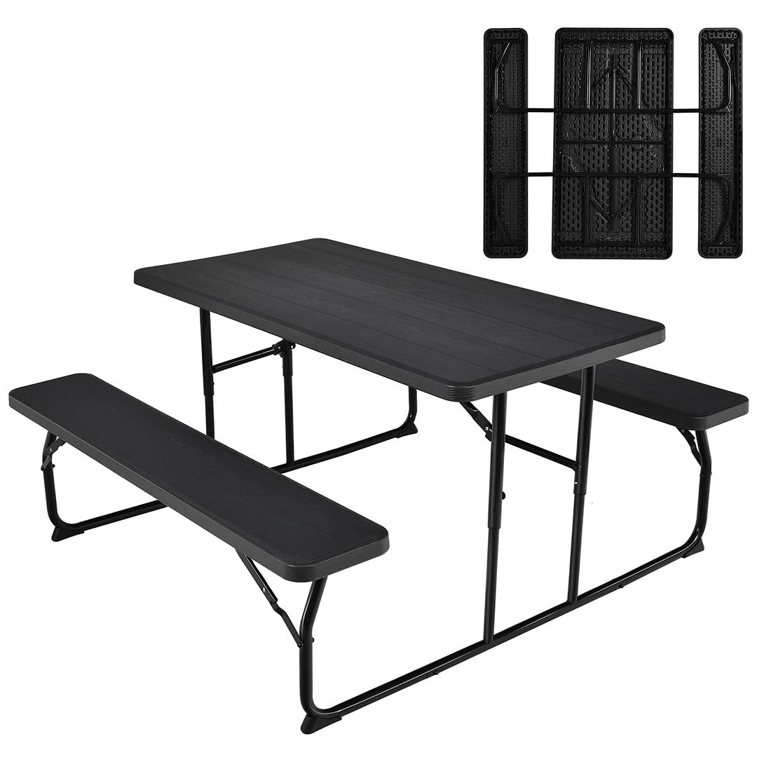 Giantex Folding Picnic Table Bench Set, Outdoor Dining Table Set, Large Camping Table for Patio Deck Lawn Garden Backyard Poolside, Portable Picnic Tables, Weather Resistant Metal Frame, Black