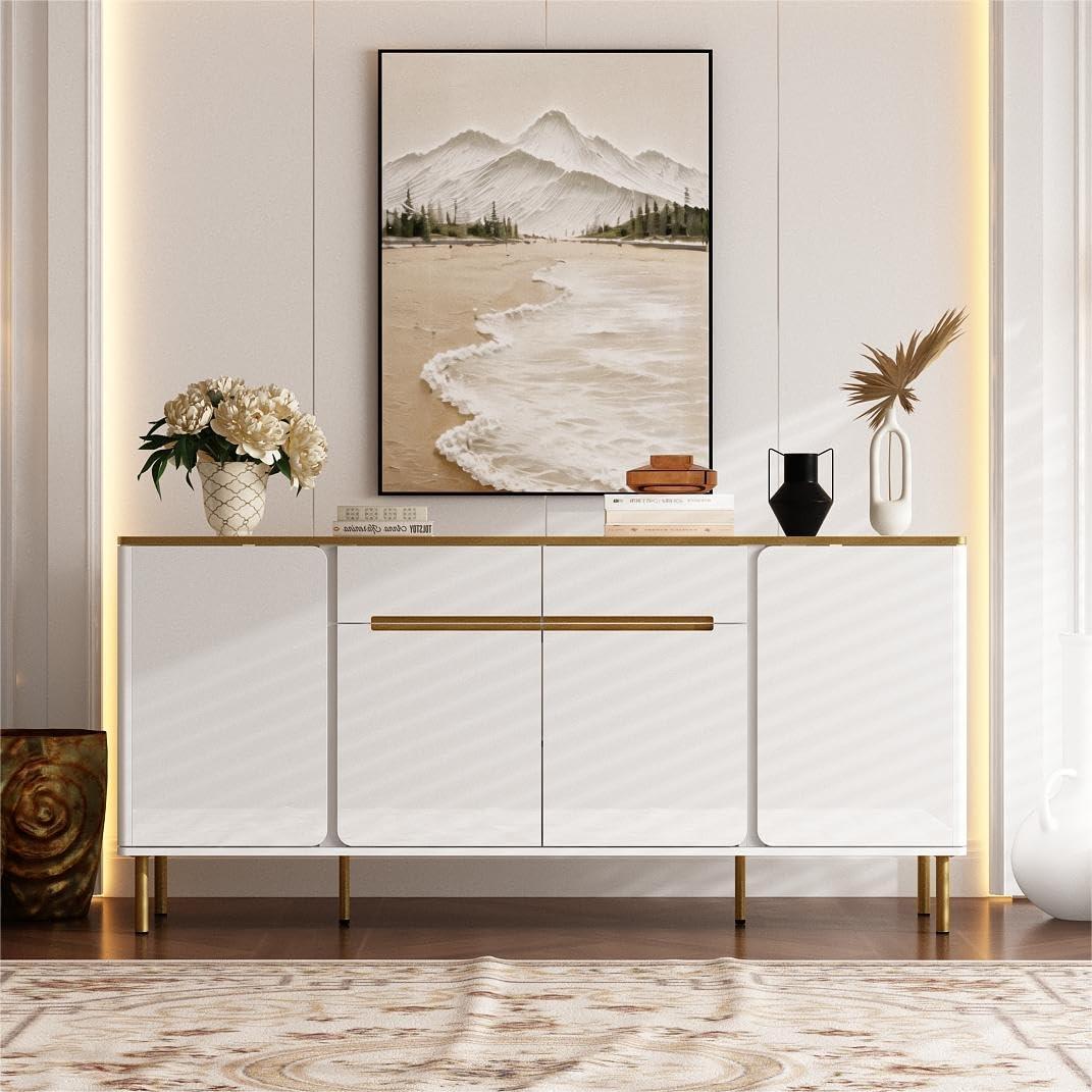 ECACAD Large Sideboard Buffet Cabinet with Storage, High Gloss Credenza Storage Cabinet with 4 Doors, 2 Drawers & Gold Metal Legs for Kitchen, Hallway & Living Room, White 15.7" D x 63" W x 29.5" H