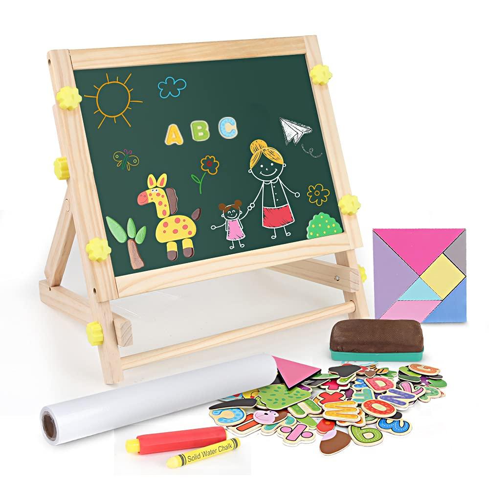 Aomola Kids Tabletop Easel with Paper Roll,Double-Sided Whiteboard & Chalkboard Tabletop Easel with Magnetic Letters & Numbers and Other Magnetic Puzzle Accessories for Kids and Toddlers