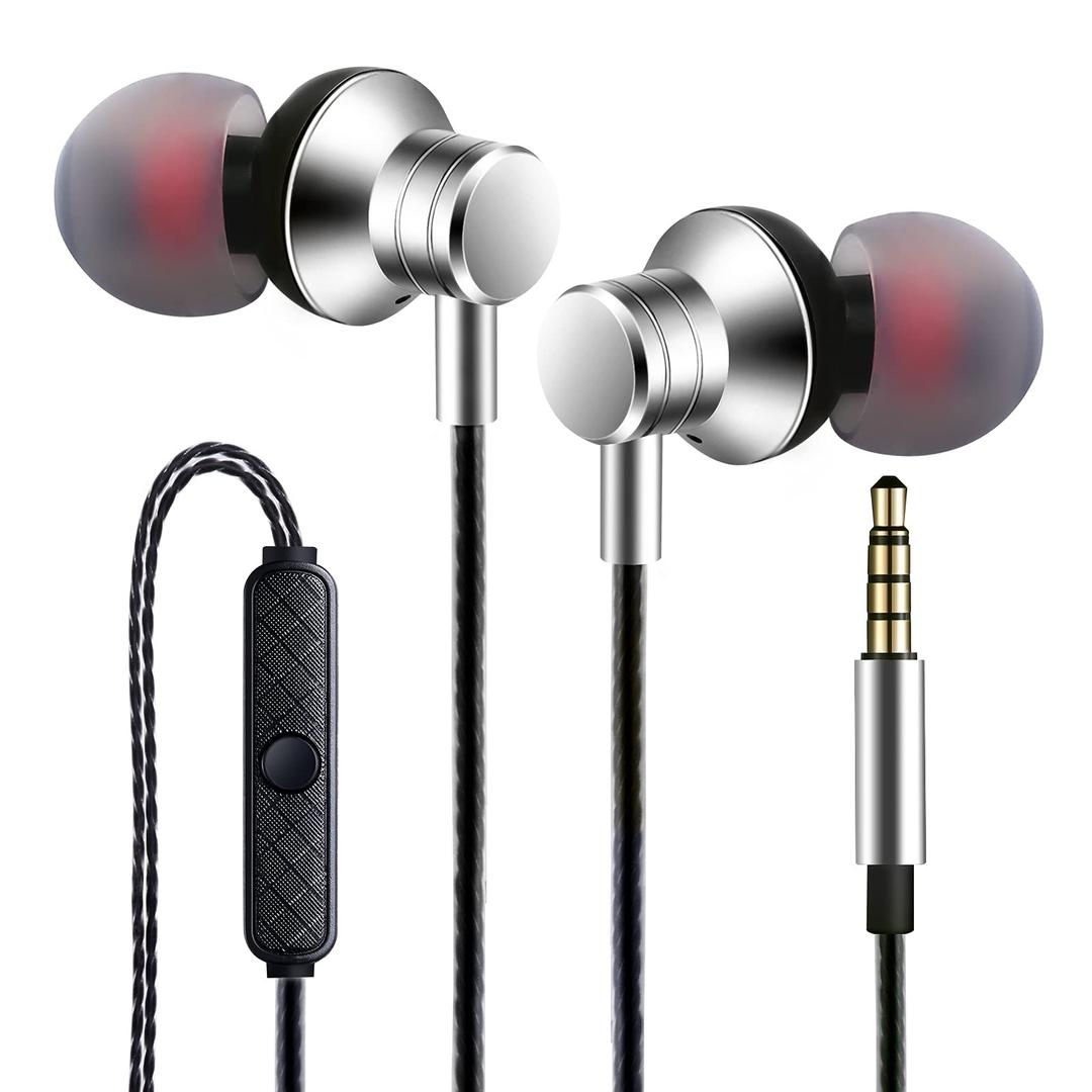 Wired Earbuds Headphones with Microphone Stereo Bass Earphones Noise Isolation in-Ear Headset Compatible with All Smartphones Tablets iPod IPad MP3 Player That with 3.5 mm Interface(Silver)