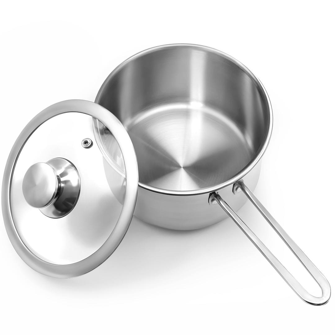 AuFranc® 2 Quart Tri-ply Stainless Steel Saucepan with Glass Lid, Induction Sauce Pan Compatible with All Cooktops, Non-Toxic Sauce Pot with Stay Cool Handle, Oven & Dishwasher Safe (Silver)