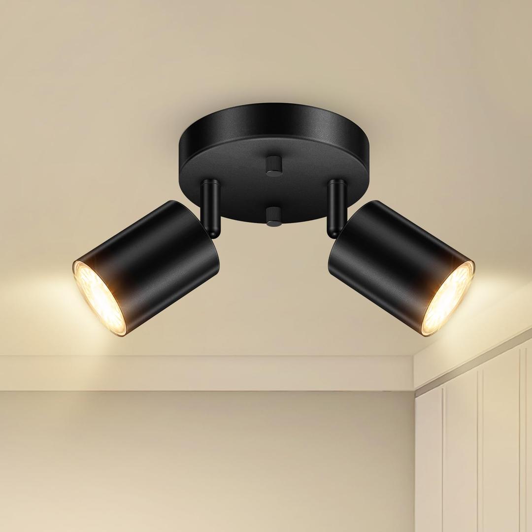 BoostArea LED 2 Light Track Lighting Kit, LED Track Lighting Fixtures, Black Round Ceiling Spot Lighting, Flexibly Rotatable Light Head for Kitchen, Living Room, Bedroom, GU10 Bulb Not Included