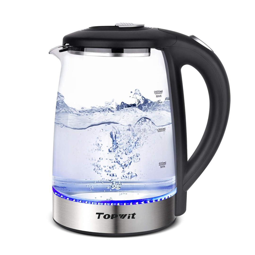 TopWitElectric Kettle Glass Hot Water Kettle, 2.0L Water Warmer, BPA-Free Stainless Steel Lid & Bottom, Tea Kettle with Fast Heating, Auto Shut-Off & Boil Dry Protection