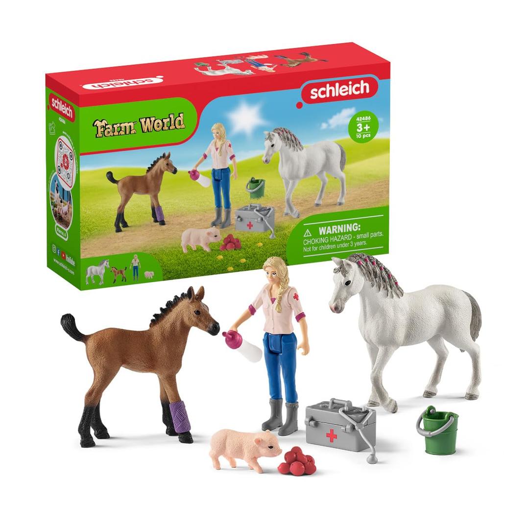 SchleichFarm World 9pc. Vet Visit Playset with Piglet, Mare, and Foal Horse Figurines - Detailed and Durable Farm Animal Toy Set, Fun and Educational Play for Boys and Girls, Gift for Kids Ages 3+