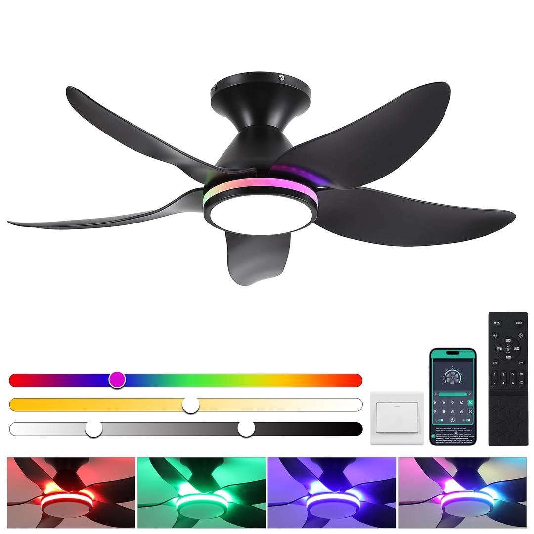 Ceiling Fans with Lights Remote/APP Control, 38" Low Profile Ceiling Fans with Dimmable White Colors+ RGB Ring Lights, 6 Speeds 5 Reversible Blades for Kids Room Bedroom Living Room, Black