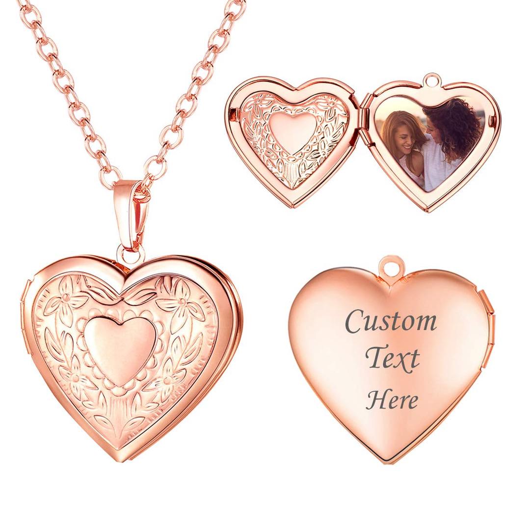 U7Women Locket Necklace Platinum 18K Gold Photo Lockets that Hold Picture,Chain 20 Inch Personalized Gift Custom Love Heart Image Necklaces