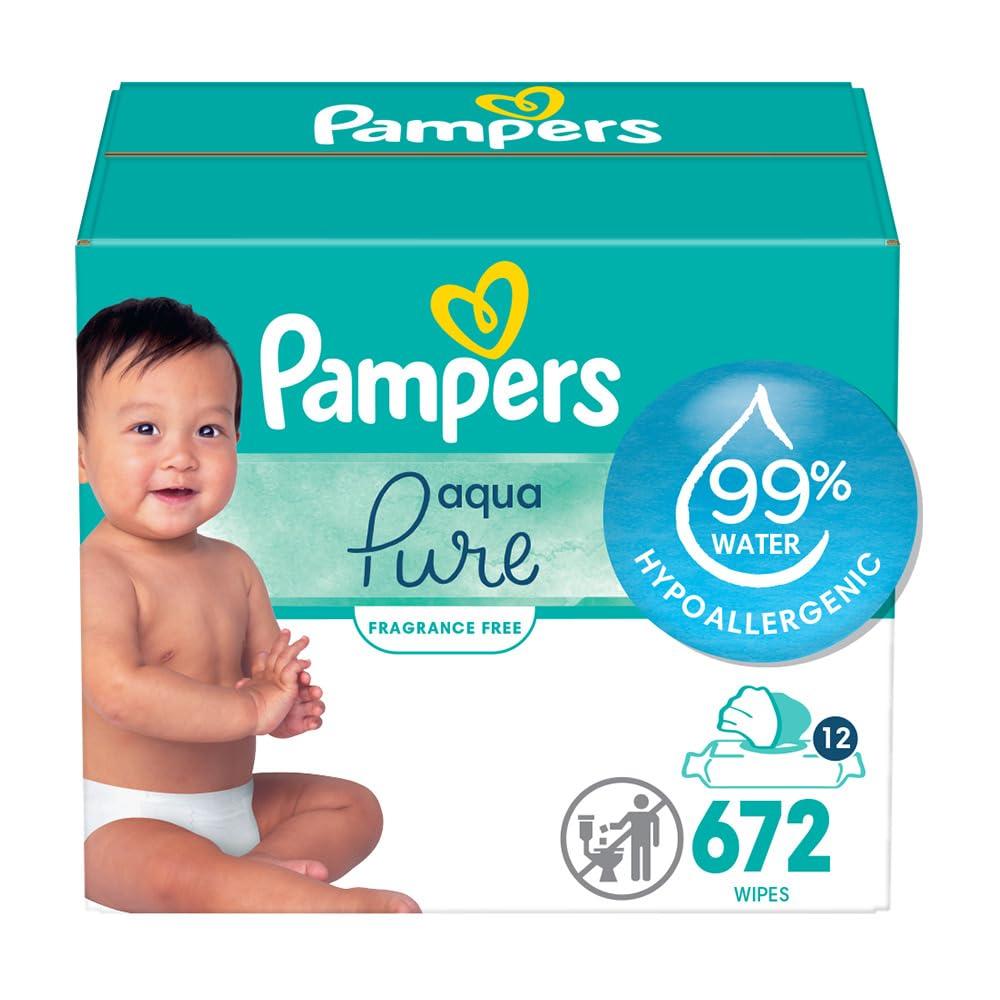 PampersAqua Pure Sensitive Baby Wipes, 99% Water, Hypoallergenic, Unscented, 12 Flip-Top Packs (672 Wipes Total)