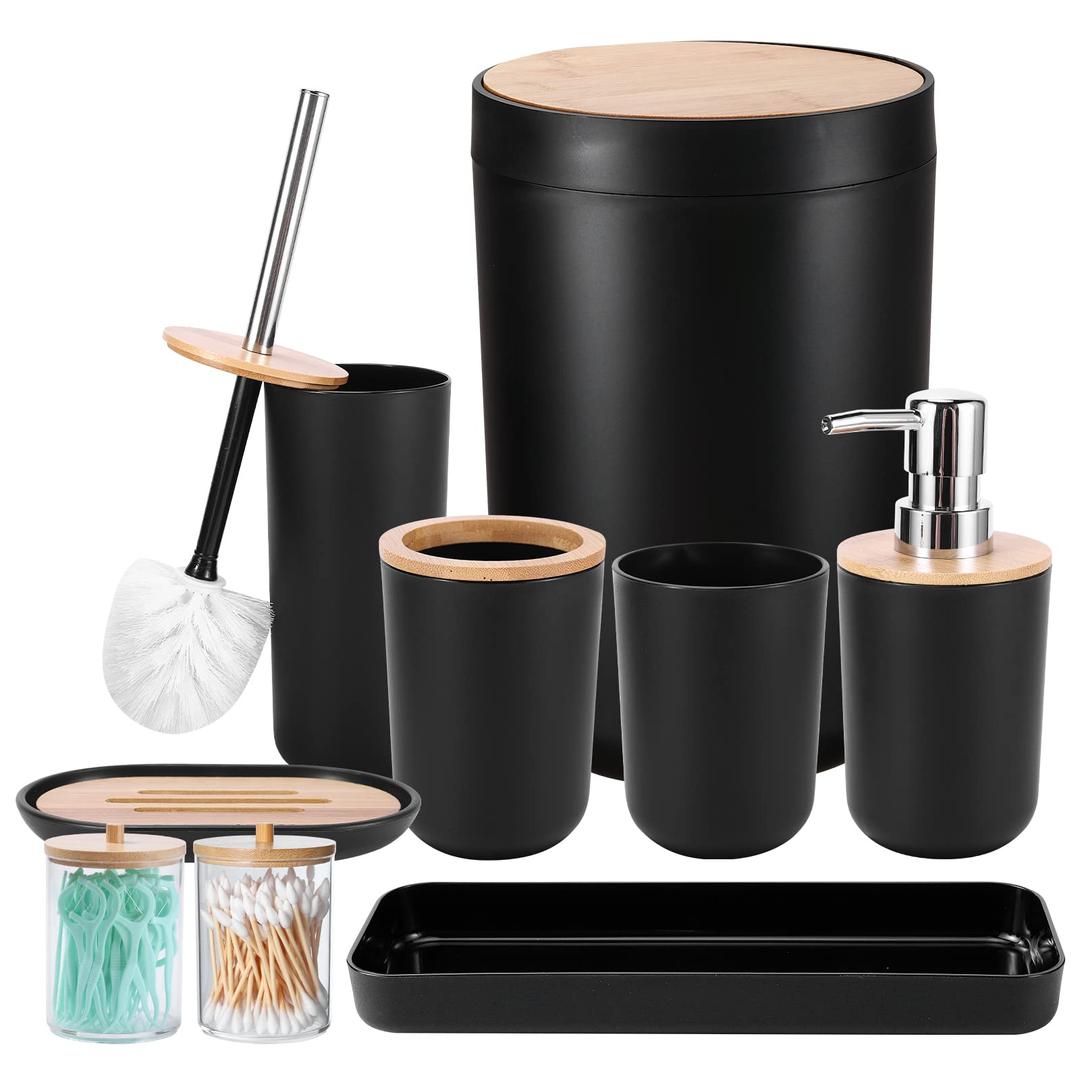 iMucci Bathroom Accessories Set with Trash Can,Toothbrush Holder, Lotion Soap Dispenser, Soap Dish,Tumbler Cup(9Pcs Black Bamboo Cover)