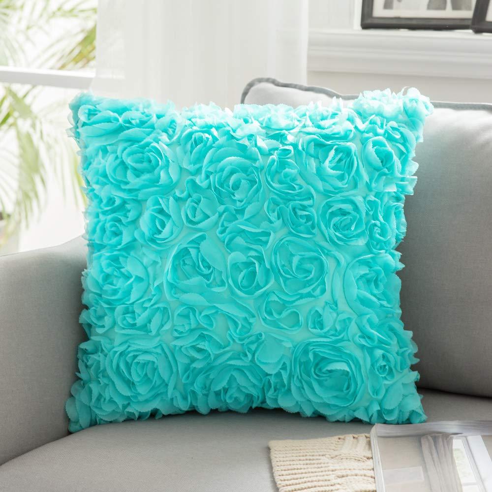 MIULEE 3D Decorative Romantic Stereo Chiffon Rose Flower Pillow Cover Solid Square Pillowcase for Sofa Bedroom Car 18x18 Inch 45x45 cm Aqua Valentines Day