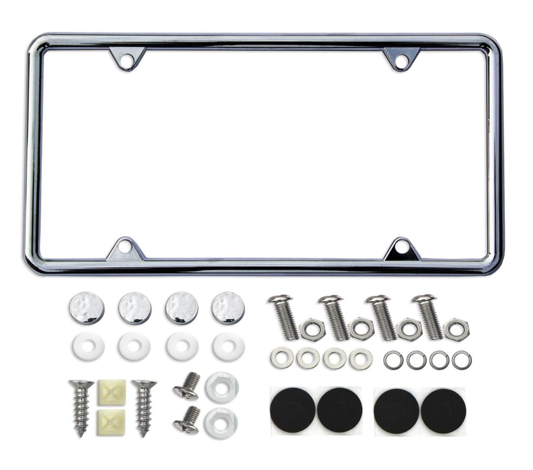 The 4 Holes Chromium-Plated License Plate Frame for car Made of Zinc Alloy Never Rust with Stainless Steel Screws and Plastics Caps 1package(Chrome(1p))