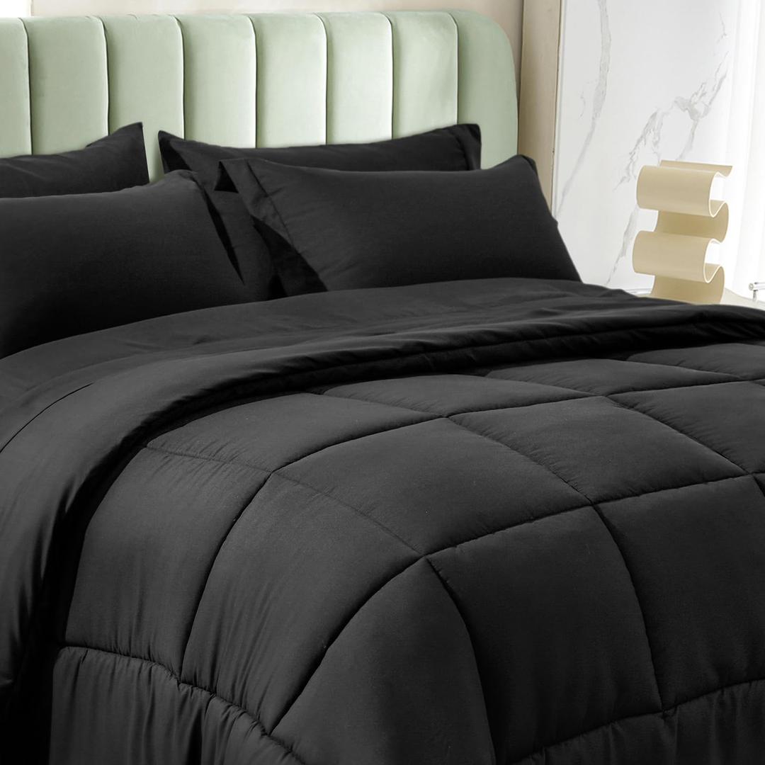 PHF7 Pieces Queen Comforter Set, Bed in a Bag Comforter & Sheet Set All Season, Ultra Soft Comfy Bedding Sets with Comforter, Pillow Shams, Flat Sheet, Fitted Sheet and Pillowcases, Black