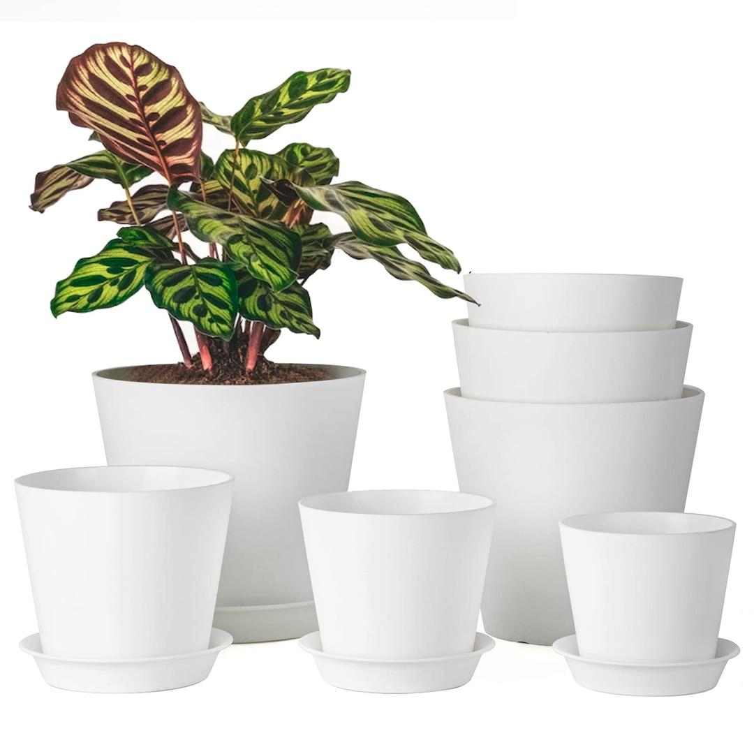 LaDoVita 7 Pack Plastic Plant Pots Indoor, 7/6.5/6/5.5/5/4.5/4 Inch Modern Planters for Plants, Flower Pots with Drainage Holes and Trays, White