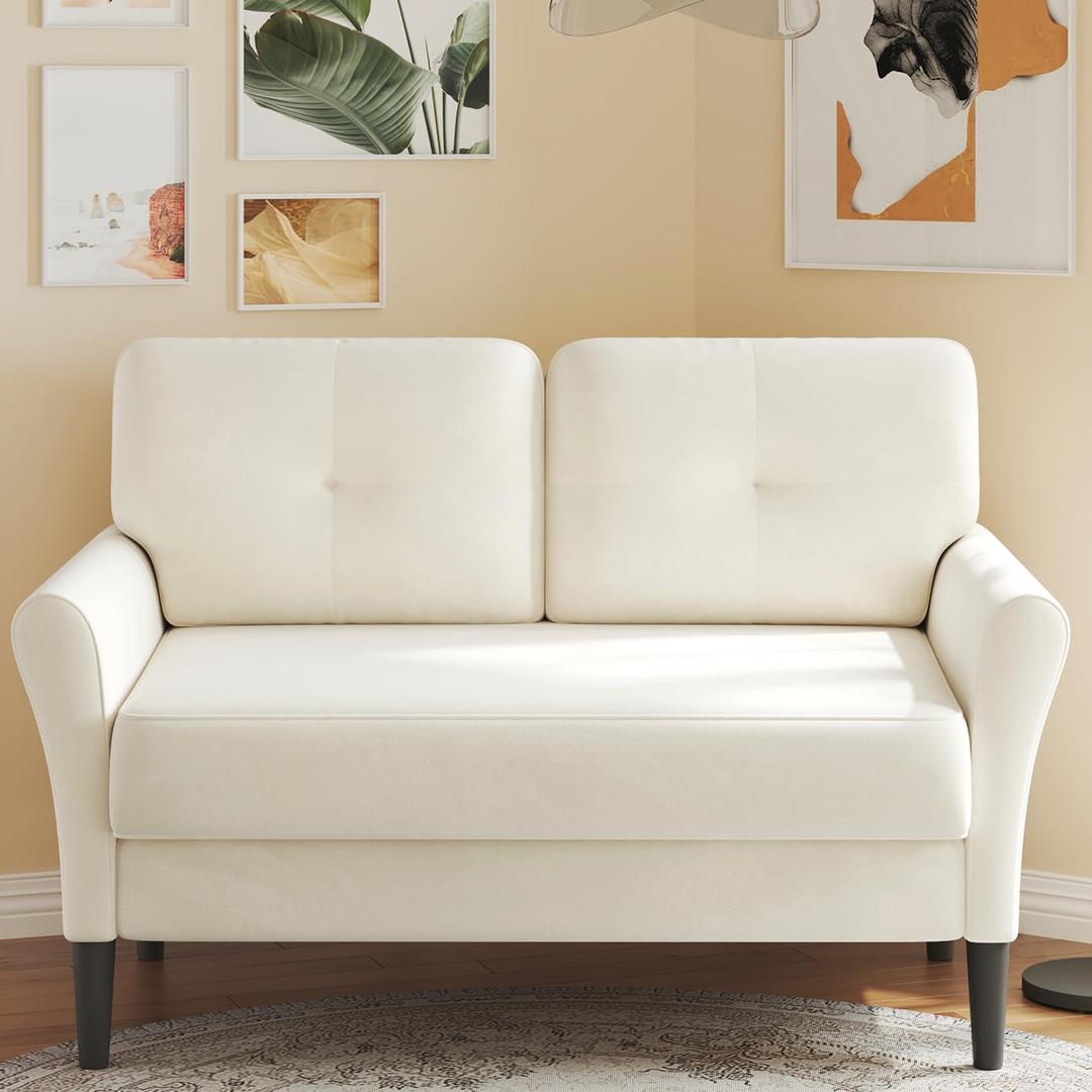 48" Loveseat Sofa, Small Couch for Bedroom, Comfy Love Seat with 21in Extra Deep Seats, 2 Seats Sofa Couch for Small Spaces, Apartment, Tool-Free Setup Mini Couch, Beige White Velvet Couch