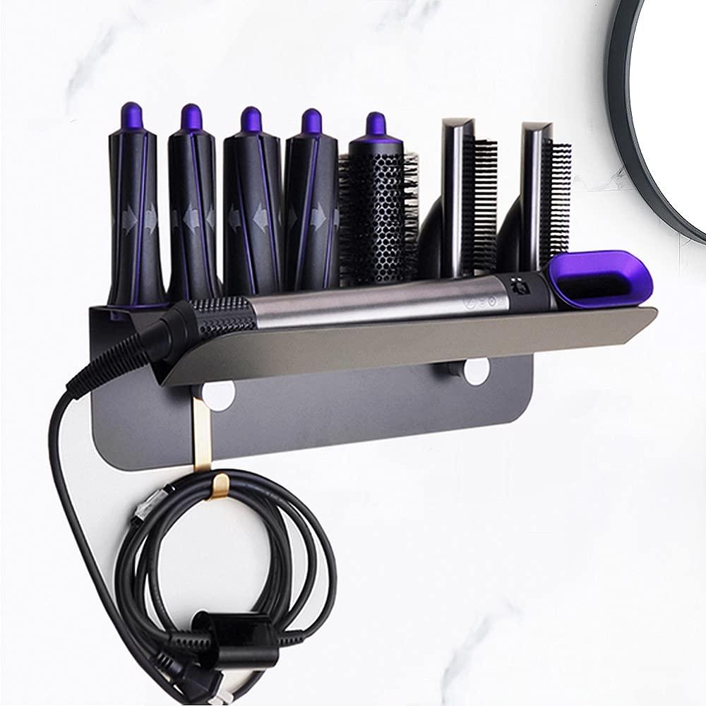 Wall Mount Mulfunctional Holder for Dyson Airwrap Styler Hair Curling Iron Wand Barrels and Brushes, Sturdy Metal Storage Stand Rack with Cord Organizer Hook for Home Bedroom Bathroom Hair Salon