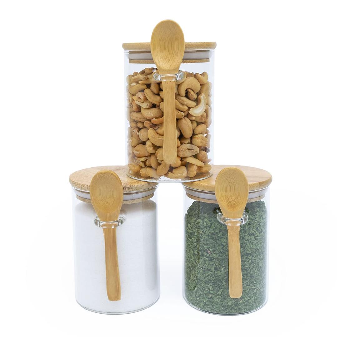 Set of 3 Airtight Glass Jars with Bamboo Lids & Bamboo Spoons, Overnight Oats Containers with Lids, 17-Oz Glass Canisters Hold Coffee Beans, Tea, Flour, Sugar, Nuts, Candy, Bath Salts & More