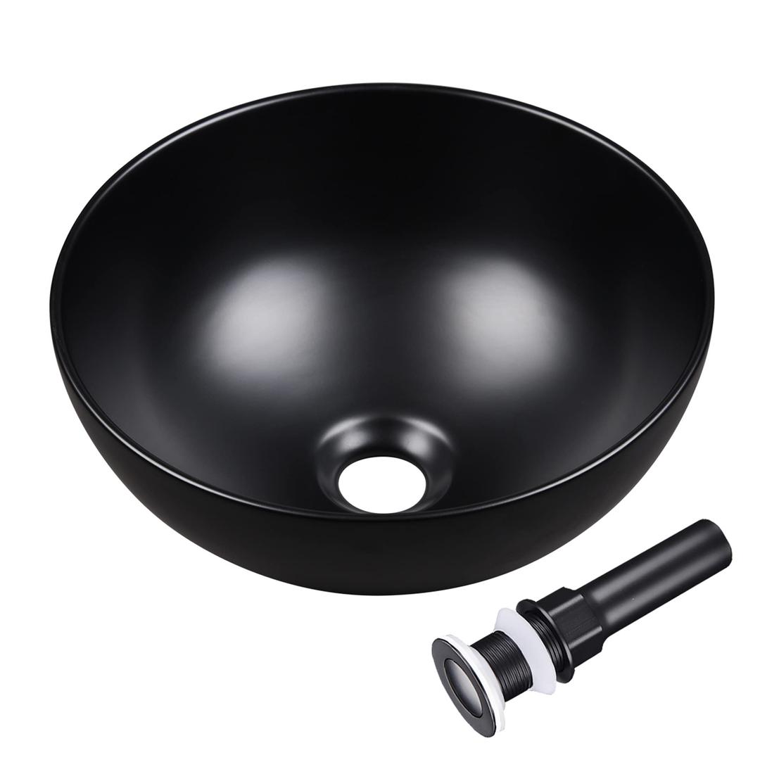 Aquaterior 12" Bathroom Round Bowl Vessel Sink with Pop up Drain Above Counter Countertop Porcelain Ceramic RV Bathroom Mini Basin Black