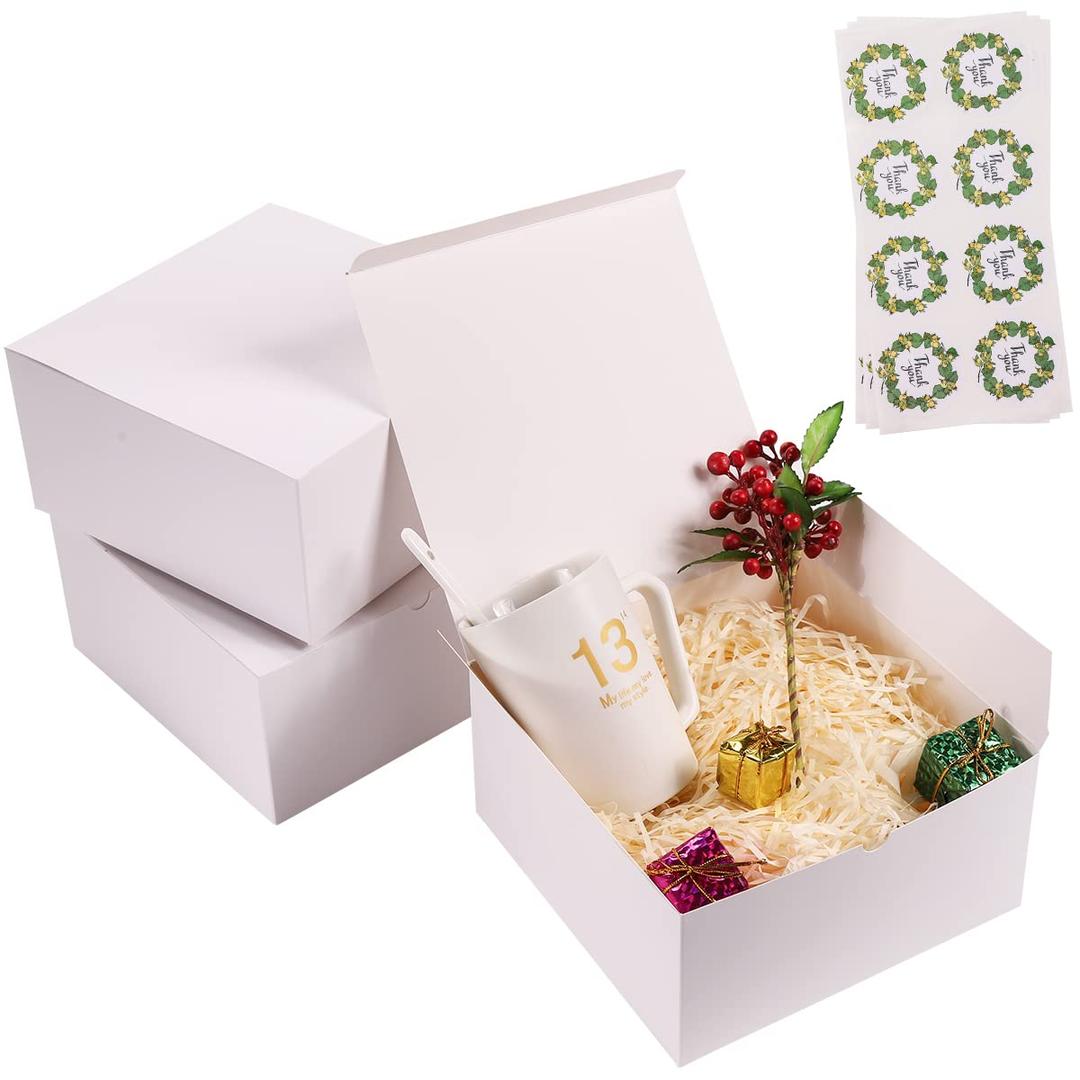 Frantis White Gift Boxes 8x8x4 Inches 10 Pack, Apply to Bridesmaid Gifts, Birthday, Party,Christmas,Wedding, Crafting Cupcake Boxes,With Thank You Sticker, With 66 FT Twine, With Tag Favor