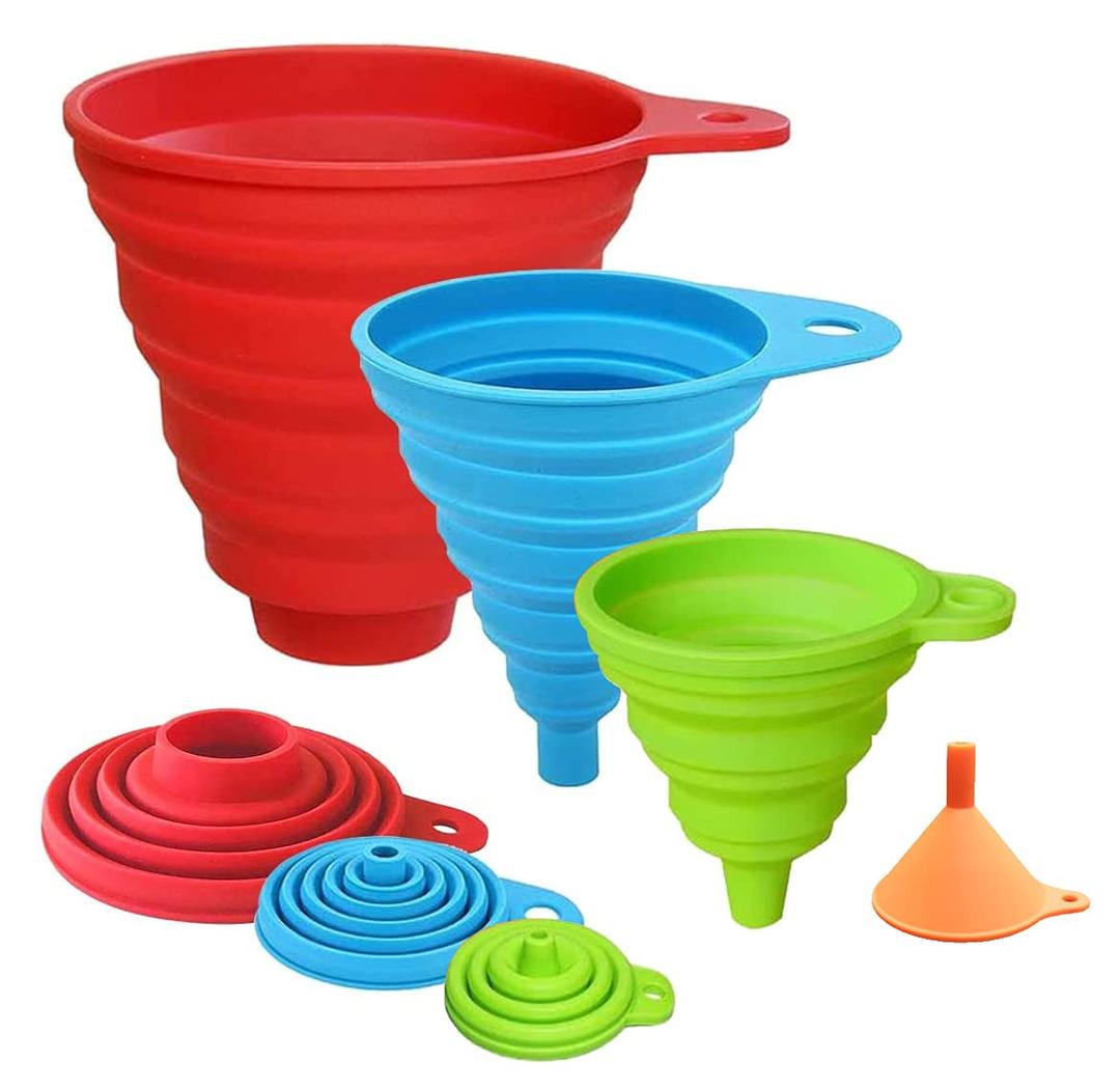 Silicone Collapsible Funnel Set of 4, TYTA Food Grade Funnel, Kitchen Foldable Funnel for Water Bottle Liquid Transfer, Large Funnel for Wide Mouth Jar, Medium/Small/Mini Funnel Set