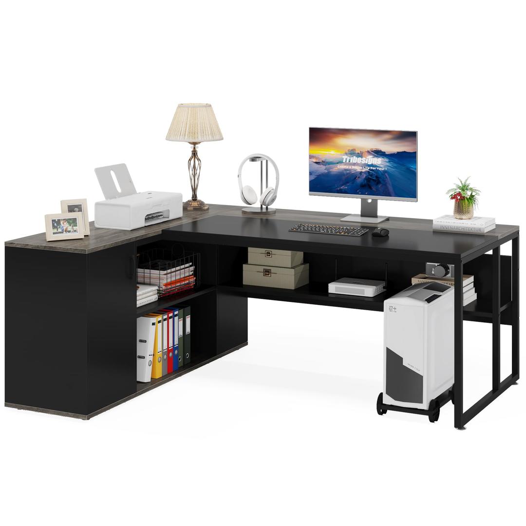 LITTLE TREE Large Executive Desk with File Cabinet, 71 inch L Shaped Computer Desk Office Desk with Drawers and Storage Shelves, Business Furniture Desk Workstation for Home Office, Gray