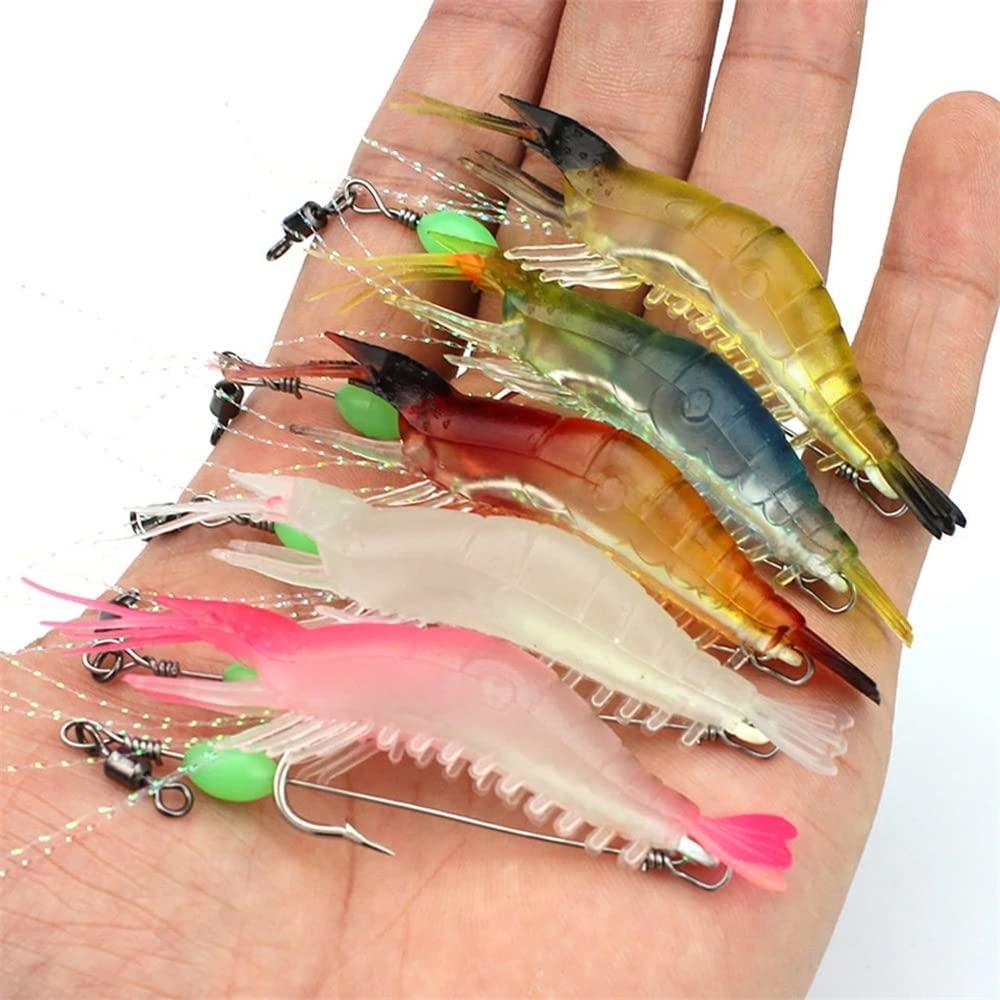 Arabest Fishing Lures - 5pcs Soft Luminous Shrimp Lures Set, Shrimp Bait Set with Sharp Hooks, Fishing Tackle for Freshwater and Saltwater Bass Trout Catfish